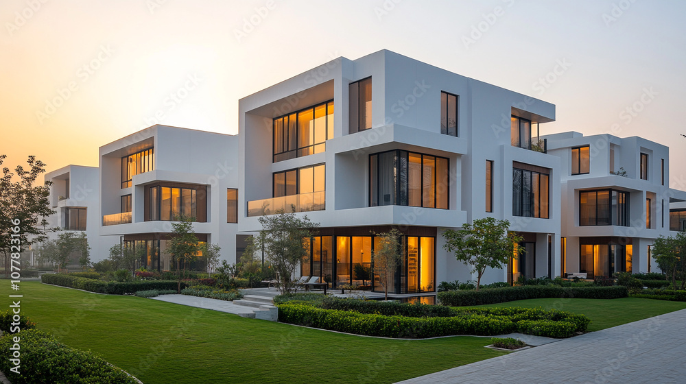 Elegant white apartment buildings surrounded by greenery and sunset views highlight modern living. Elegant white apartment buildings surrounded by greenery and sunset views highlight modern living.