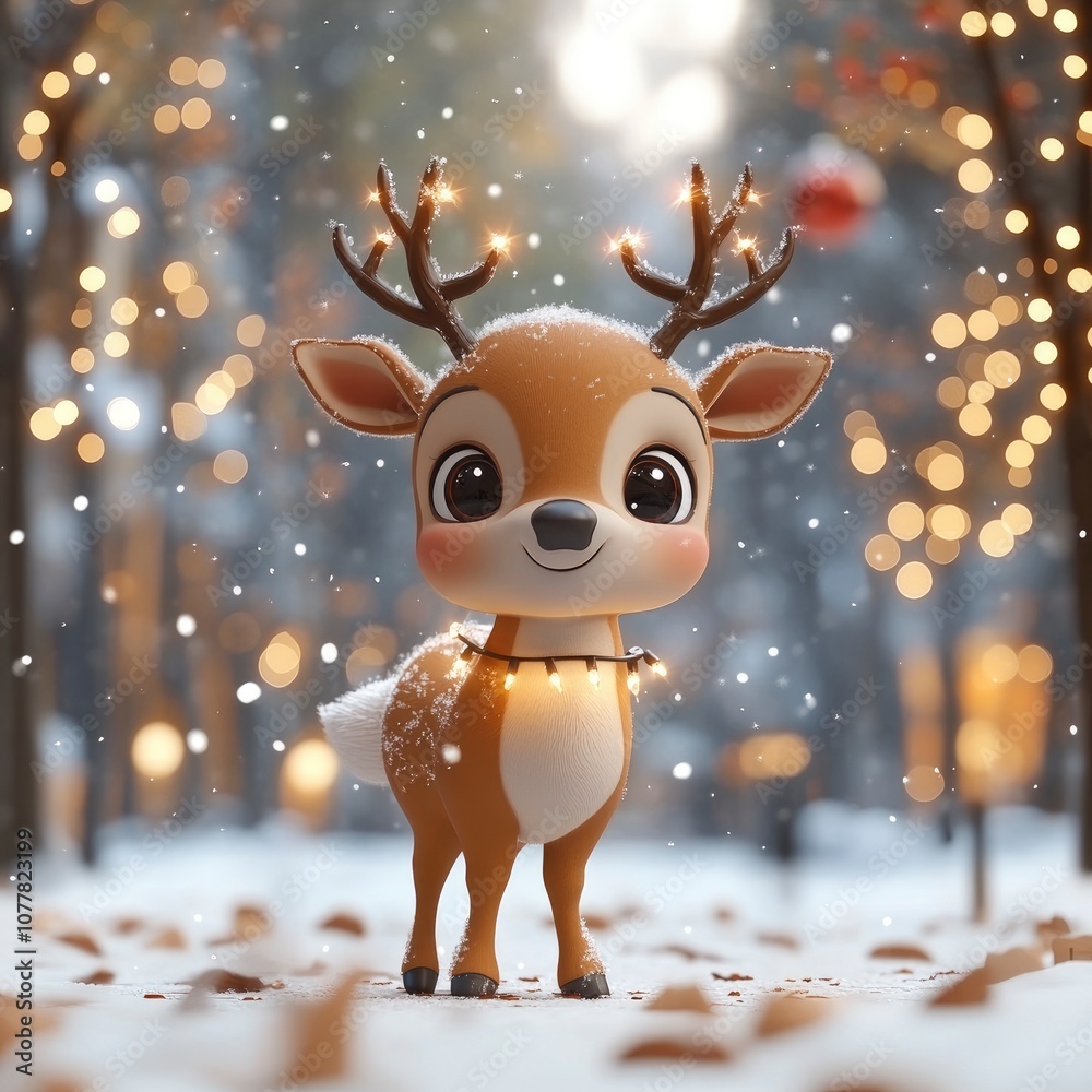 Cute Reindeer in Winter Wonderland with Christmas Lights Cute Reindeer in Winter Wonderland with Christmas Lights