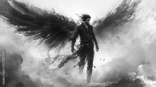 Dark Angel: A Monochromatic Fantasy Painting of a Powerful Winged Figure photo