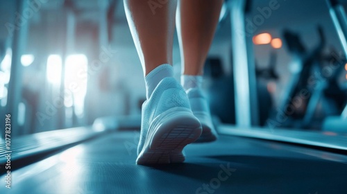 Close-up of a runner's feet on a treadmill in a gym