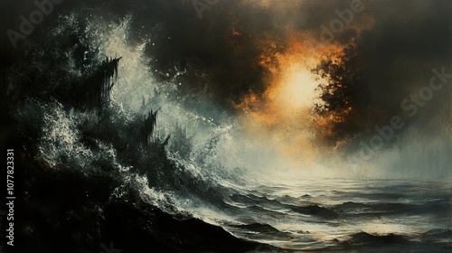 Dark Seascape: A Ruined City Submerged in Stormy Waters