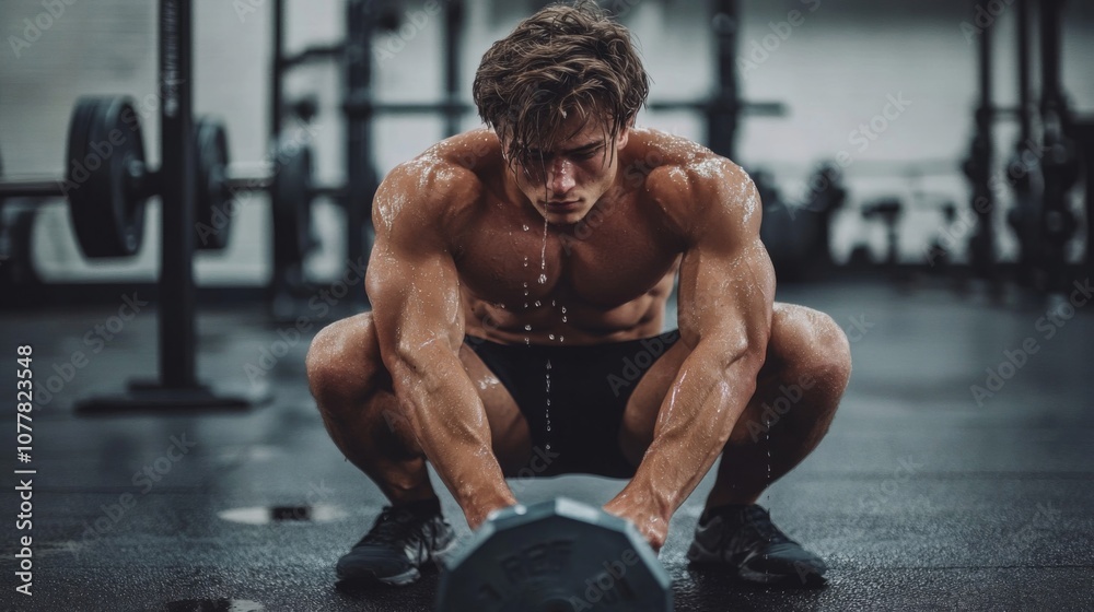 Sweaty Muscular Man Lifting Weights in a Gym