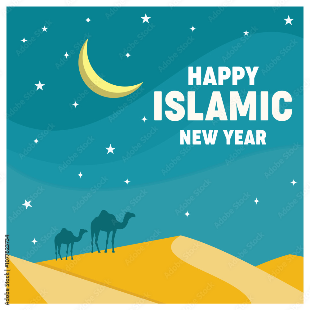 Camel in the desert at night. Islamic New Year's Eve celebration. Happy New Hijri Year concept. Flat vector illustration. Camel in the desert at night. Islamic New Year's Eve celebration. Happy New Hijri Year concept. Flat vector illustration.