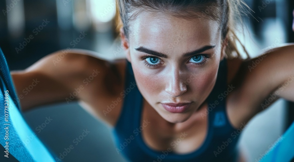 Close-up Portrait of a Woman Exercising with Blue Resistance Bands Close-up Portrait of a Woman Exercising with Blue Resistance Bands