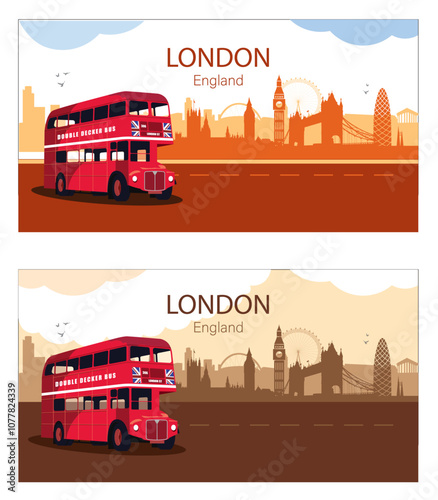 London double decker bus with the city skyline in the background illustration
