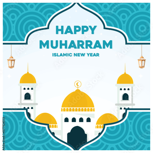 Mosque with a gold dome. Islamic New Year, 1 Muharram. Happy New Hijri Year concept. Flat vector illustration.