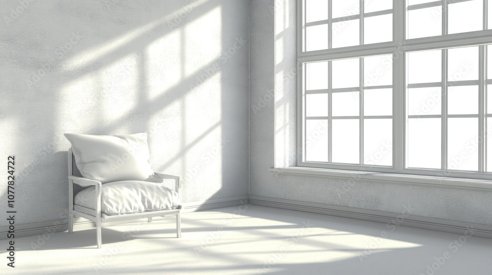 A serene, minimalist room with a single chair and large windows allowing natural light.
