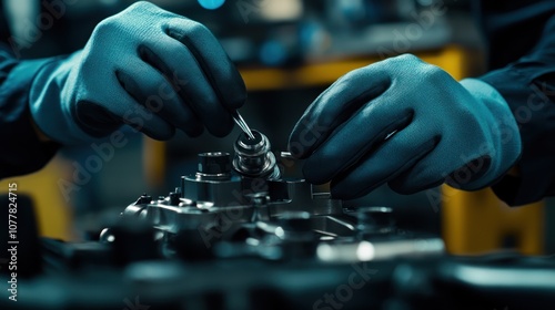 Close-up of a Mechanic's Hands Assembling a Machine