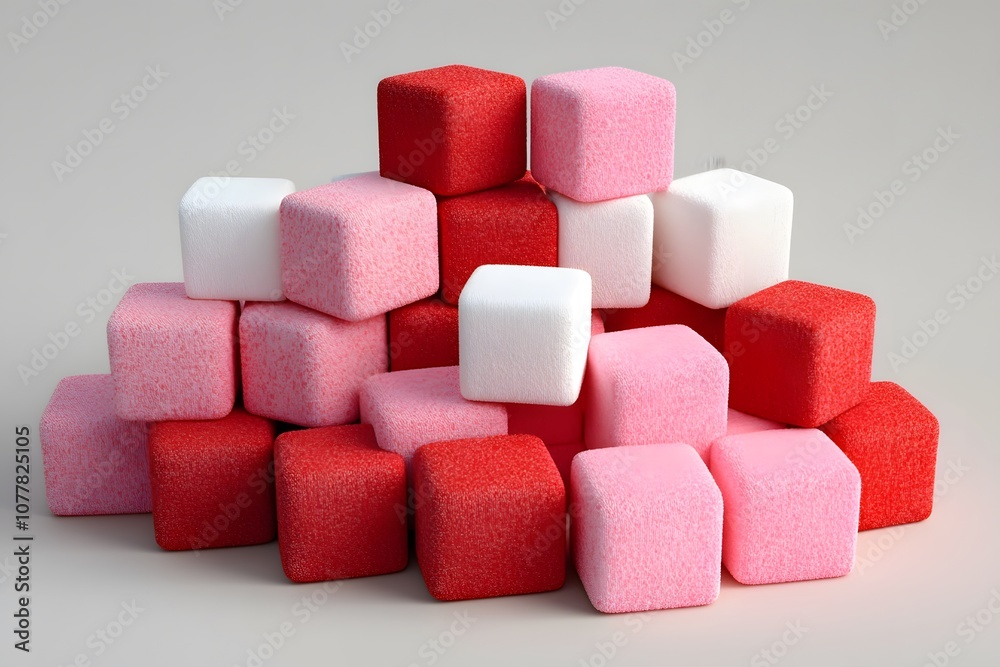 A visually striking composition of 3D cubes in white, red, and pink, carefully arranged at the center of the image on a minimalist background. A visually striking composition of 3D cubes in white, red, and pink, carefully arranged at the center of the image on a minimalist background.