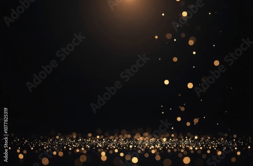 Golden bokeh light on a black background with copy space. Elegant festive and luxury design for Black Friday promotions, holiday banners, posters, greeting cards, and wallpaper