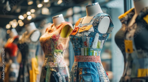 Mannequins Displaying Unique Patchwork Dresses