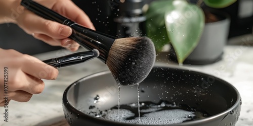 A person cleaning or washing their makeup brushes with brush cleaner.