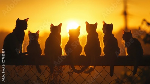 Seven cats silhouetted against a bright orange sunset, sitting on a fence, looking out towards the horizon.