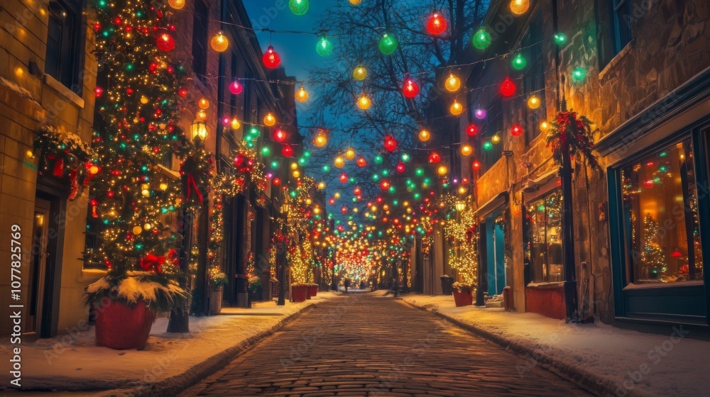 A Snowy, Festive Street Lined With Christmas Lights and Trees A Snowy, Festive Street Lined With Christmas Lights and Trees