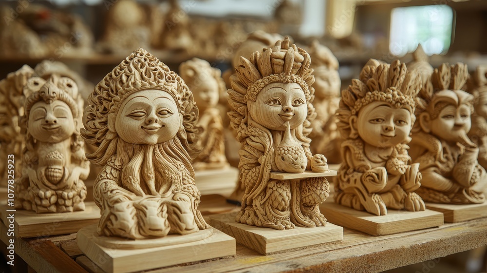 Fototapeta premium Intricate Wood Carvings on Display in Bright Showroom