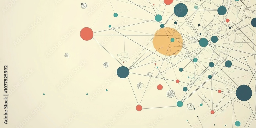 A flat vector graphic of a network with interconnected circles and lines, representing data flow and communication.