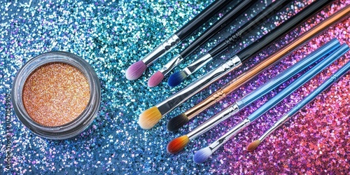 A flat lay of glitter makeup products and tools used for creating a glittery look.