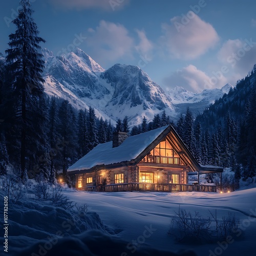 Explore the serenity of a cozy cabin nestled in the majestic mountains surrounded by snowy landscapes