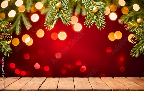 Merry Christmas decorative pine leaves with bokeh light background with lots of copy space, and happy New Year background gen. AI