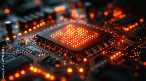 Close-up of a glowing microchip with intricate circuitry.