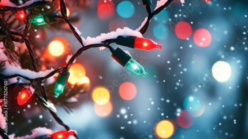 Festive Christmas Lights Covered in Snow