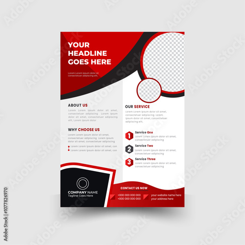 A4 size creative simple corporate business flyer template design with red and black color natural shape.