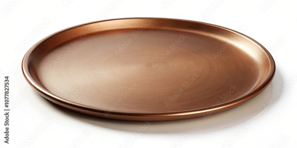 A smooth, round metallic tray with a warm copper hue, reflecting light with a subtle shimmer. A smooth, round metallic tray with a warm copper hue, reflecting light with a subtle shimmer.