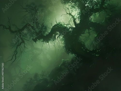 Mystical Forest: Sunlight Filtering Through Thick Canopy of Ancient Trees