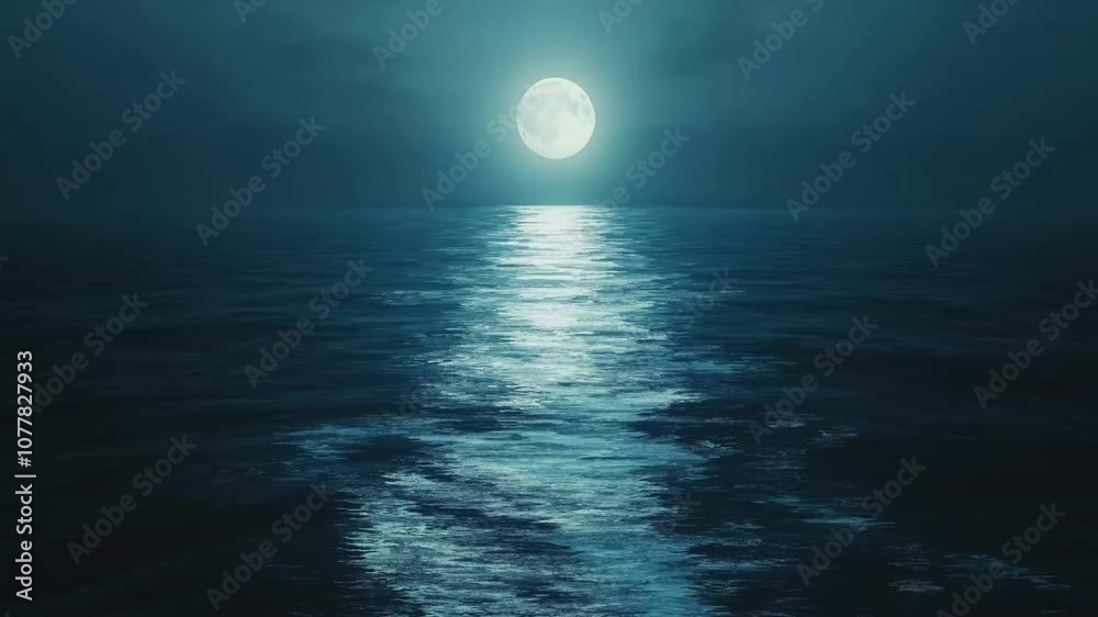 Silvery moonlight across sea expanse, ocean water surface with reflection. calm landscape 4k UHD.