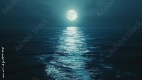 Silvery moonlight across sea expanse, ocean water surface with reflection. calm landscape 4k UHD.