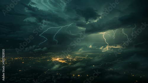 Powerful thunderstorm with lightning illuminating cityscape at night..