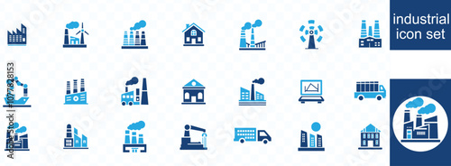 industrial icon set. Containing industry, production, machine, manufacture, warehouse, fabrication, goods and more. Solid vector icons collection