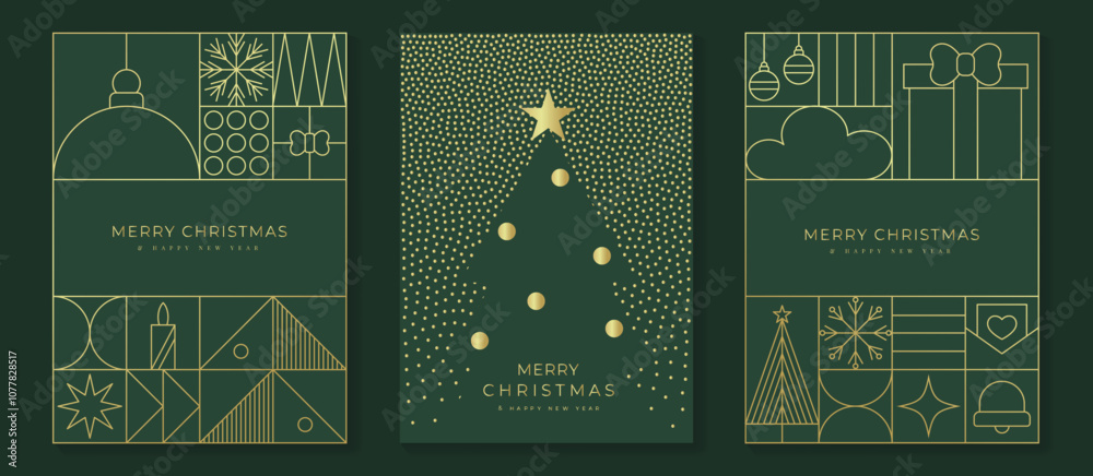 © TWINS DESIGN STUDIO - Luxury christmas invitation card art deco design vector. Christmas tree, bauble, gift, candle, envelope, spot texture on green background. Design illustration for season's greeting poster, cover.