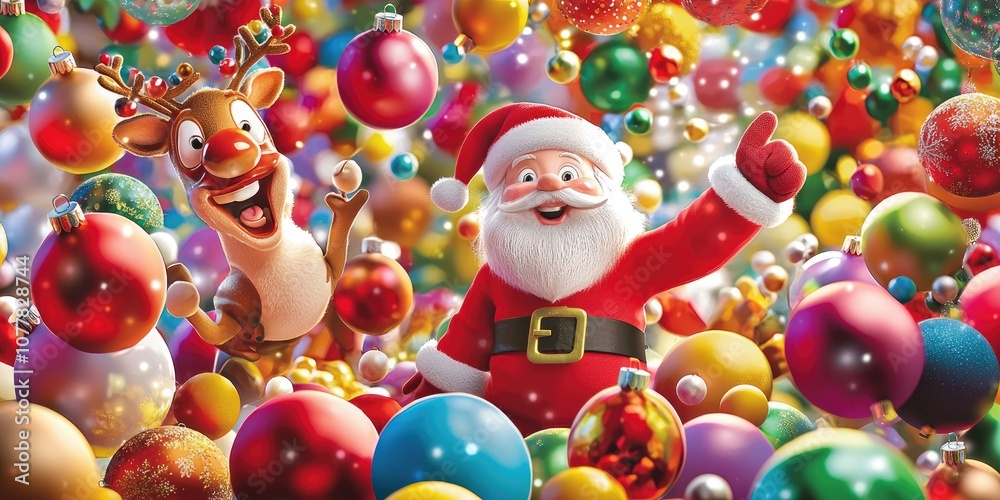 A lively Christmas background featuring bright colors, bouncing ornaments, and playful holiday characters like Santa and his reindeer. A lively Christmas background featuring bright colors, bouncing ornaments, and playful holiday characters like Santa and his reindeer.