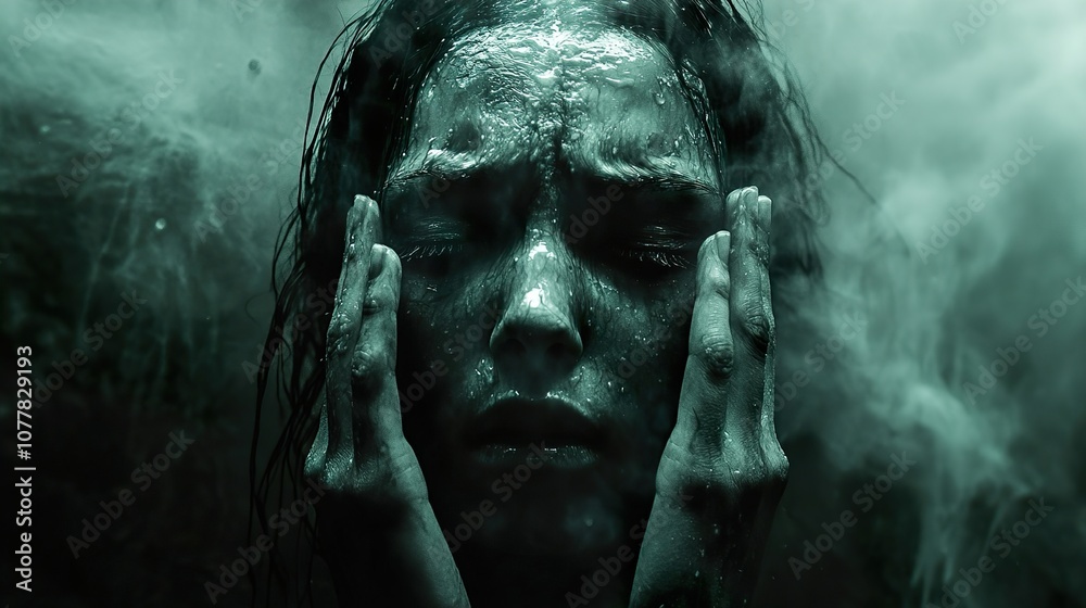 Close-up Portrait of a Woman with Water Drops on Her Face and Fog in the Background Close-up Portrait of a Woman with Water Drops on Her Face and Fog in the Background