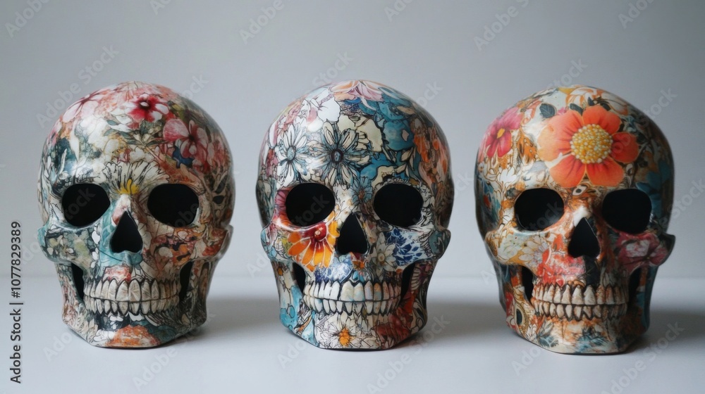 Three Floral Skull Decor Objects Three Floral Skull Decor Objects