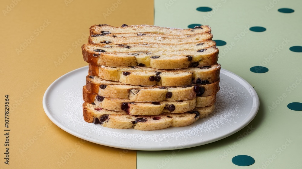 Stack of bread on a plate with powdered sugar Stack of bread on a plate with powdered sugar