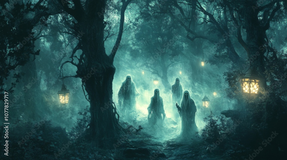 Fototapeta premium Spectral Figures Walking Through a Foggy Forest Path