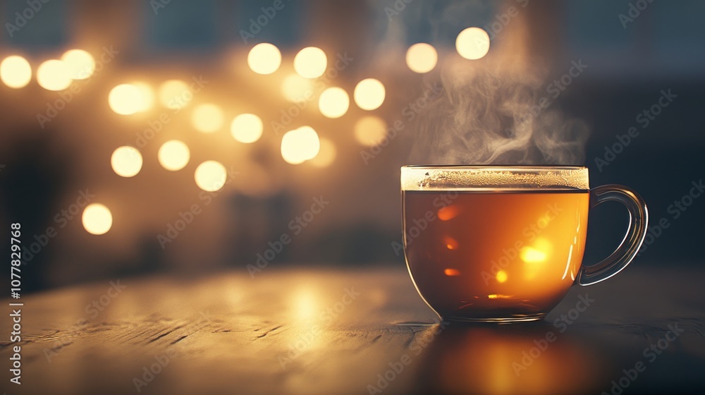 Cup of hot tea on table, warm tones Cup of hot tea on table, warm tones