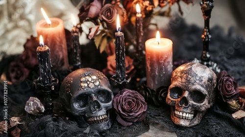 Two Skulls and Candles Decorated with Black Lace and Roses photo