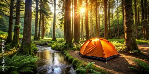 A lone orange tent sits by a babbling brook in a sun-dappled forest, surrounded by lush greenery and towering trees. photo