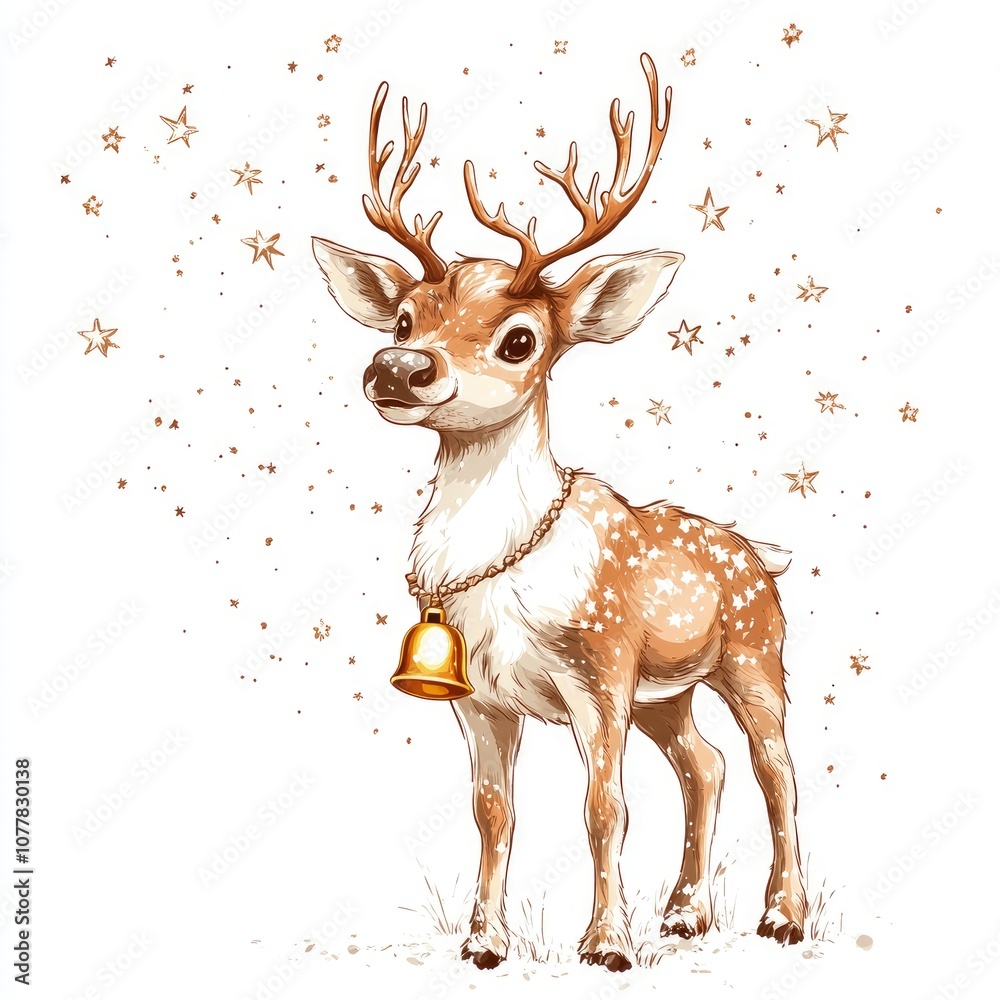 Adorable Reindeer with Golden Bell and Starry Background Adorable Reindeer with Golden Bell and Starry Background