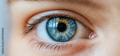 Close-up of a blue eye with a reflection of trees in the pupil. photo