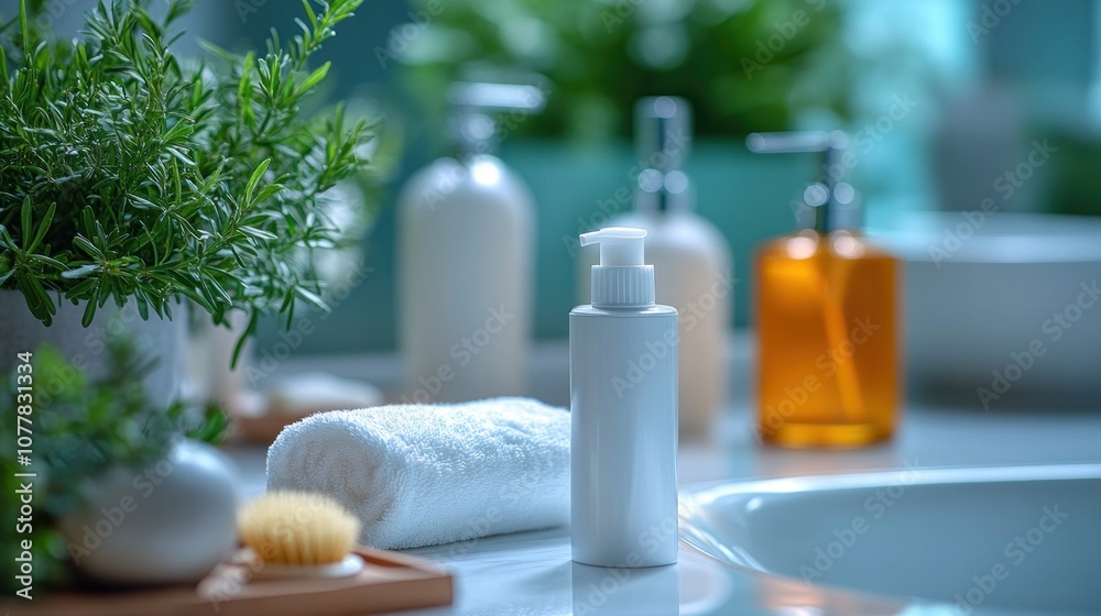 Bathroom scene with toiletries, plants, and a towel. Bathroom scene with toiletries, plants, and a towel.
