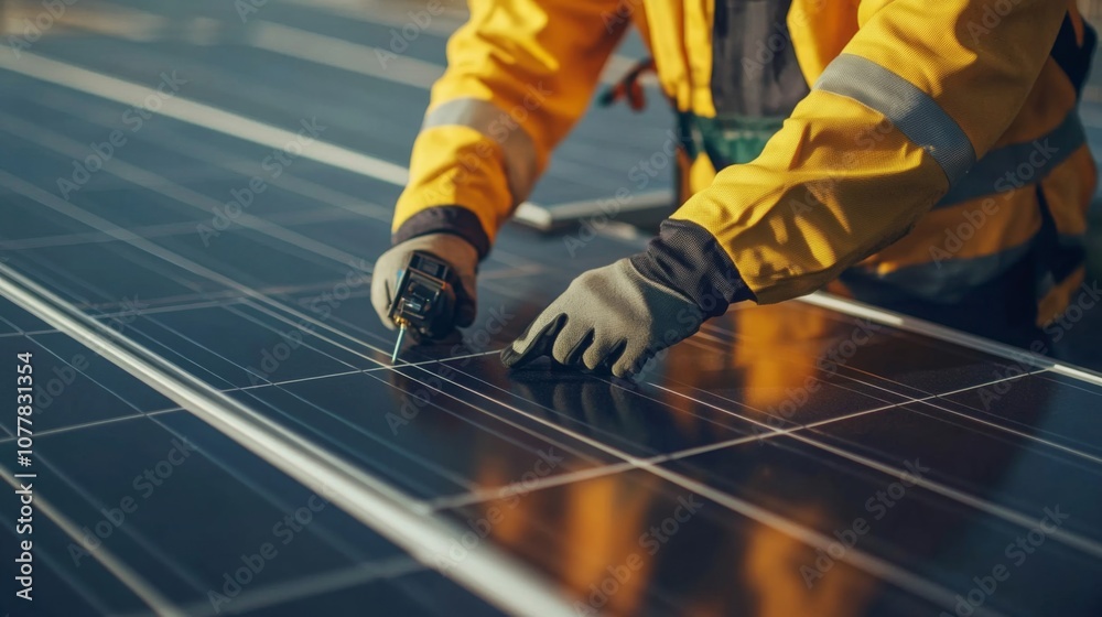 Worker Installing Solar Panels with a Tool Worker Installing Solar Panels with a Tool