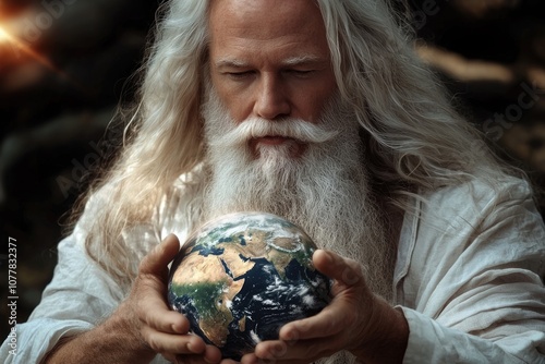 Sacred moment Divine creation: god presents the earth in his hands, showcasing a figure with flowing hair and beard, his eyes reflecting love photo