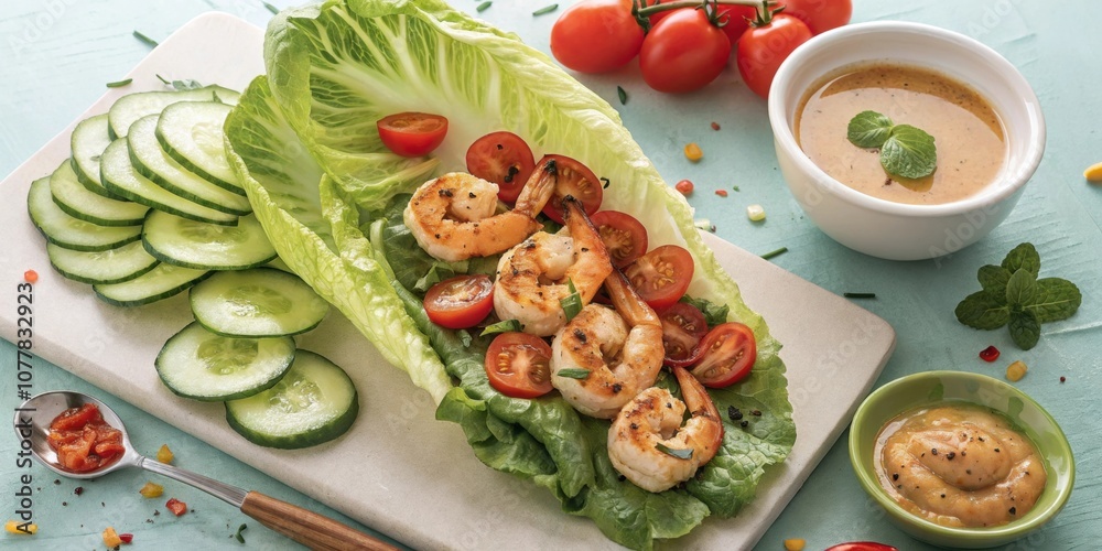 A vibrant lunch spread featuring a large lettuce leaf filled with grilled shrimp sliced cucumbers and cherry tomatoes drizzled with a light vinaigrette. A vibrant lunch spread featuring a large lettuce leaf filled with grilled shrimp sliced cucumbers and cherry tomatoes drizzled with a light vinaigrette.
