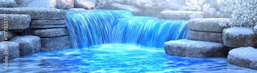 A serene winter scene featuring a flowing waterfall surrounded by snow-covered rocks.