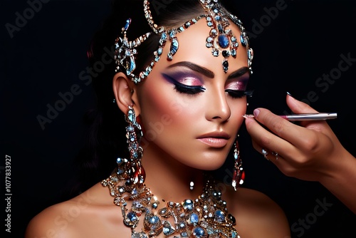 makeup artist applying face gems and rhinestones