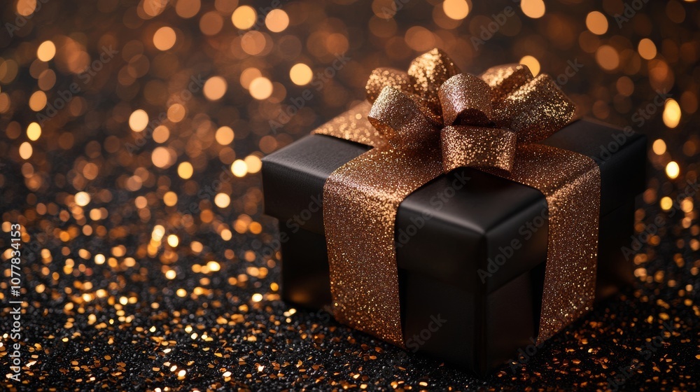 Black gift box with gold ribbon on Black gift box with gold ribbon on